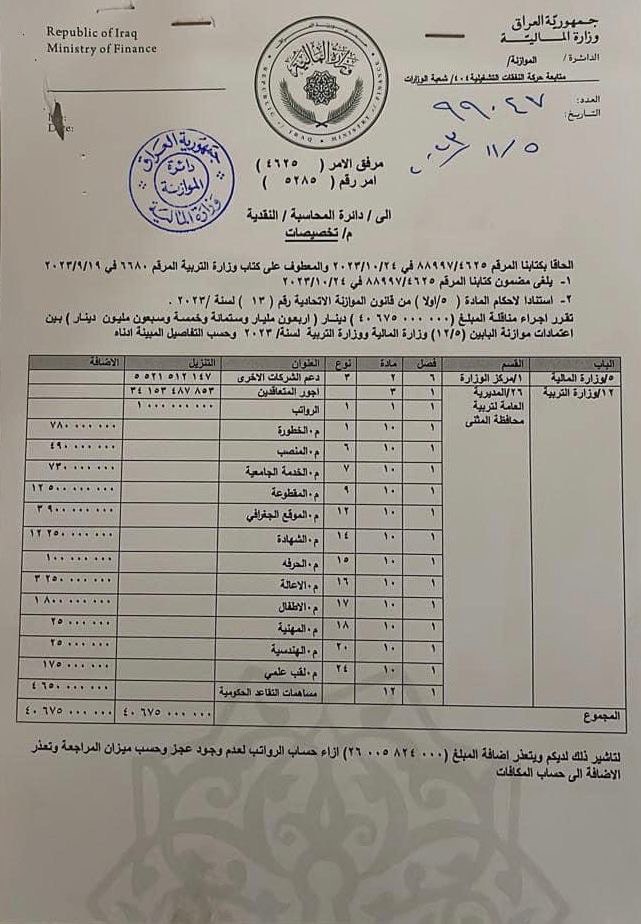 بالوثيقة التربية تستحصل موافقة المالية على صرف فروقات رواتب المثبتين